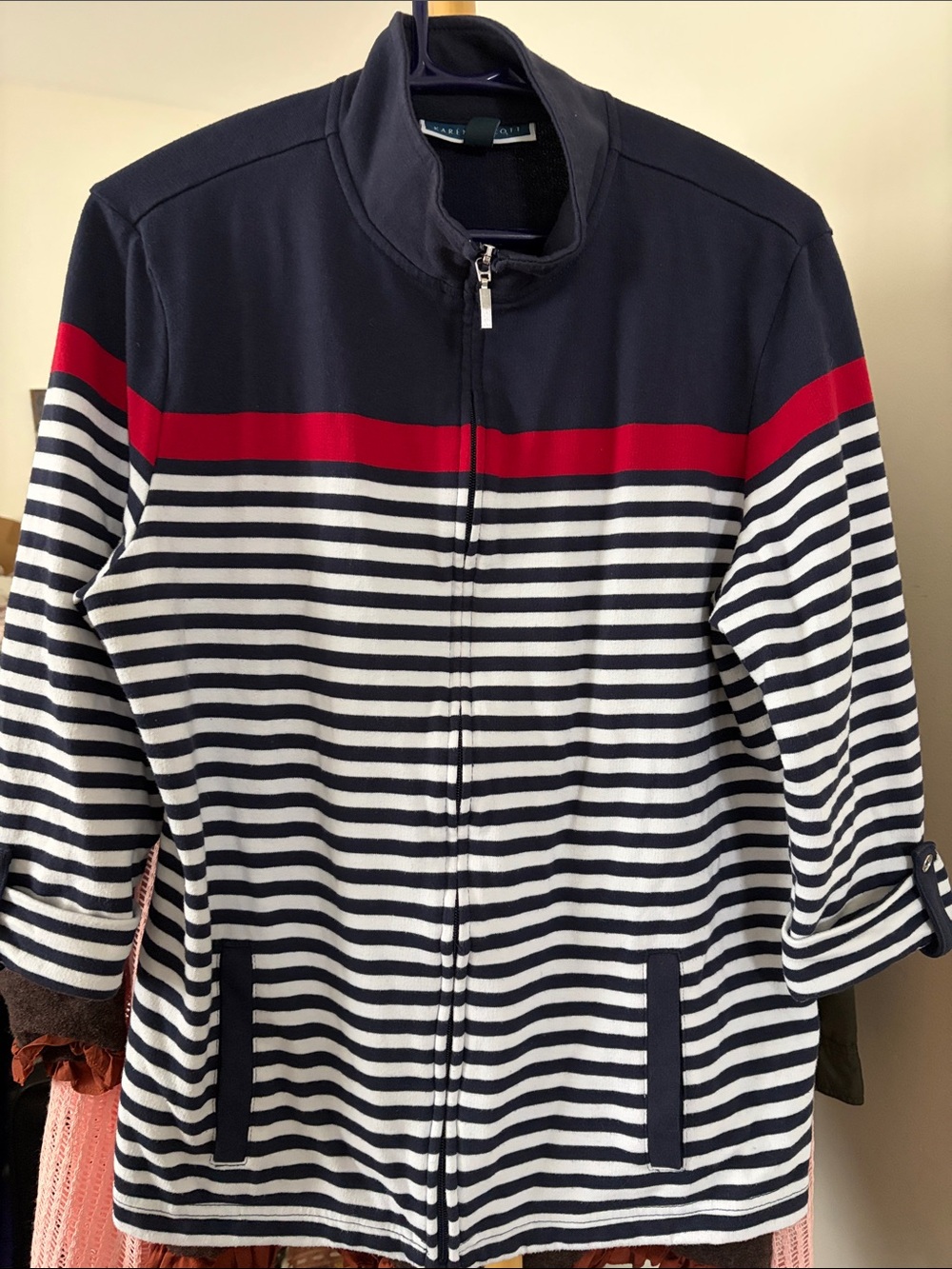 Karen Scott Navy, White & Red Striped Zip-Up Shirt Jacket